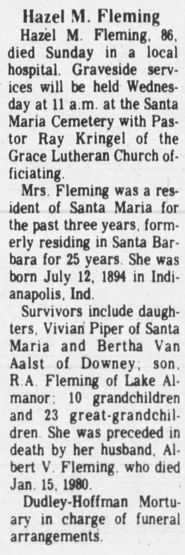 Obituary for Hazel M. Fleming (Aged 86)